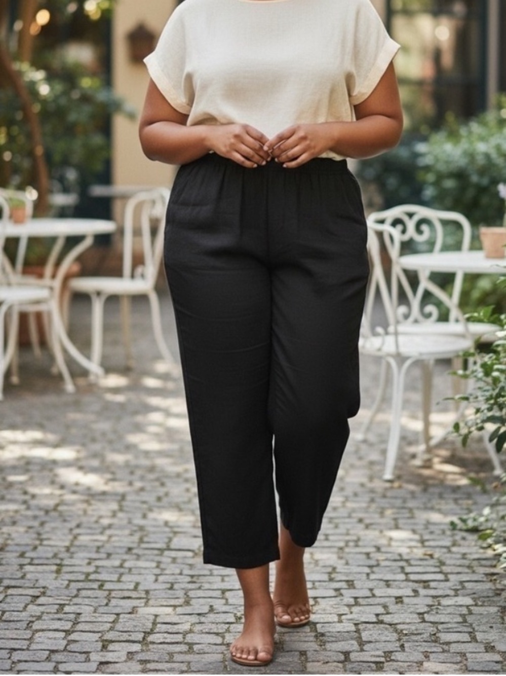 Eileen Fisher 100% Organic Linen Black Tapered Pull On Pants with Pockets PL